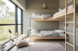 © Trinette Reed - Bunk beds in kid's bedroom in modern design home with toys. Generative AI.