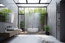 Luxury Modern Design Bathroom With Bathtub Indoor Outdoor. Generative AI.
