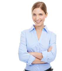 business woman, portrait and smile with arms crossed for success, pride and career. professional fem