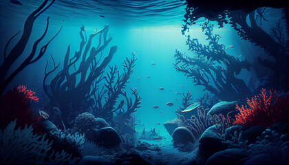 Wall Mural - Underwater sea in blue sunlight Ai generated image