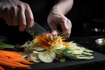 Wall Mural - close-up of chef's knife through vegetables for plating, created with generative ai