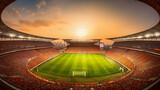 Fototapeta Sport - A football stadium with a beautiful sunset view, created using generative ai tools