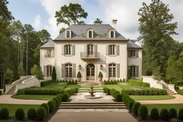 Wall Mural - french country house exterior with sweeping staircase and manicured grounds, created with generative ai