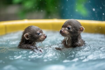 Wall Mural - baby otters playing in swimming pool, with water spraying and bubbling, created with generative ai