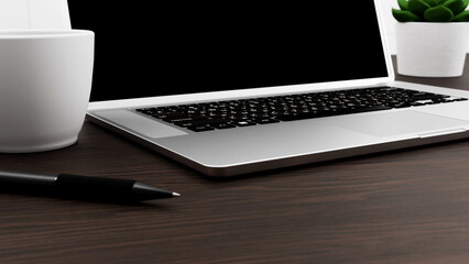 Poster - laptop with white mug and coffee and black pen on the wooden table background, office space, office background, work, studying, business concept