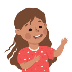 Poster - Happy Little Girl with Raised Up Hand Smiling Vector Illustration