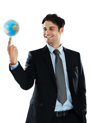 Planet, earth on finger and business man balance on isolated, png and transparent background. International, professional and happy male entrepreneur with world for networking, global travel and map