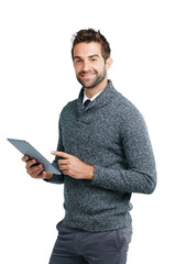 Poster - Tablet, smile and portrait of business man on png background for research, website and social media. Happy, technology and digital with male isolated on transparent for communication and networking