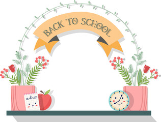 school shelf with vase, flowers, notebook and clock, back to school