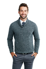 Poster - Business man, smile portrait and happiness from success ready for work. Confidence and happy businessman model smiling from job ambition and modern style isolated on a transparent, png background