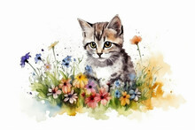 Watercolor Painting Of A Cute Cat Or Kitten In A Colorful Flower Field. Ideal For Art Print, Greeting Card, Springtime Concepts Etc. Made With Generative AI.