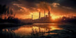 Industrie 4.0 Schwerindustrie Atomindustrie  Chemieindustrie Raffinerie	im Abendlicht Illustration Background Wandbild Generative AI Digital Art
