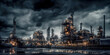 Industrie 4.0 Schwerindustrie Atomindustrie  Chemieindustrie Raffinerie	im Abendlicht Illustration Background Wandbild Generative AI Digital Art
