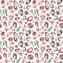 Various Broken Seashells And Starfish On A White Background. Watercolor Illustration. Seamless Pattern From The Collection Of WHALES. For Fabric Textiles, Wallpaper, Packaging, Beach And Summer Prints