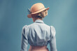 Elegance and vintage dressed woman in dress and hat in 1950s style on blue background, back side view, created with Generative AI Technology