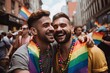 © CojanAI - Young male gay couple celebrating and dancing at a Pride Parade