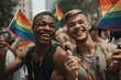 © CojanAI - Young male gay couple celebrating and dancing at a Pride Parade