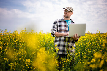 Young adult man farmer examines the field of canola using laptop. Smart farming and digital agriculture