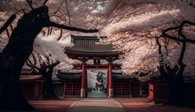 Toji Gate In Cherry Blossom Garden, Japanese Garden Landscape .generative Ai