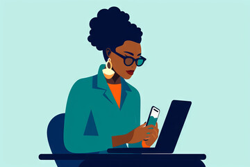 Wall Mural - A digital illustration of an African American woman working or learning remotely on her laptop. Generative AI. 