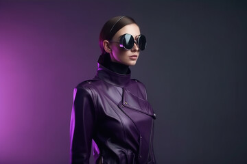 Wall Mural - Adult girl wearing purple jacket and futuristic sunglasses on dark background, generative AI.