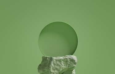 3D background, green podium, stone display. Nature Rock stand with sun shadow. Natural Cosmetic or beauty product promotion pedestal. Abstract minimal 3D render. Copy space spring, summer text mockup.