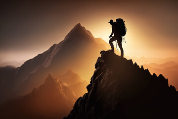 Climber climbs up mountain, man on rock top at sunset, generative AI