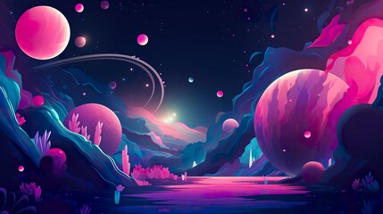 Wall Mural - stars capes galaxy screenshot and wallpaper, in the style of whimsical cartoon style, light blue and magenta, luminous spheres, toycore, mysterious forms, generat ai