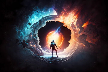 Wall Mural - a galaxy emerges as an astronaut goes through a black hole, Generative AI