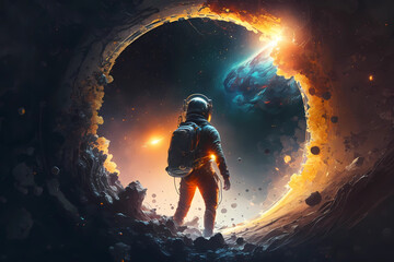 Wall Mural - a galaxy emerges as an astronaut goes through a black hole, Generative AI