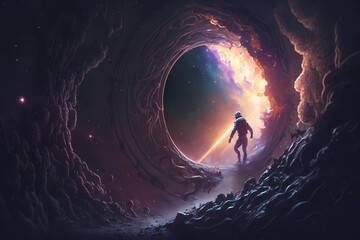 Wall Mural - a galaxy emerges as an astronaut goes through a black hole, Generative AI