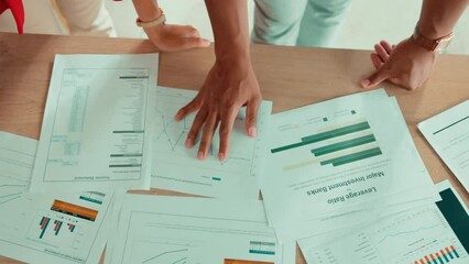 Poster - Investment, worker hands and documents on a desk from above with finance data and chart. Accounting, investing and strategy planning of business people with collaboration and financial research