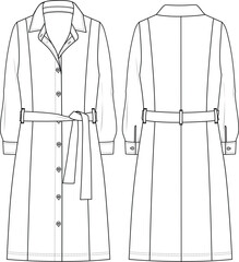 Wall Mural - Women's Button-up, Belted Shirt Dress - Technical fashion illustration. Front and back, white colour. Women's CAD mock-up.