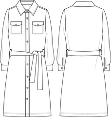 Wall Mural - Women's Pocket Detail, Belted Denim Shirt Dress - Technical fashion illustration. Front and back, white color. Women's CAD mock-up.