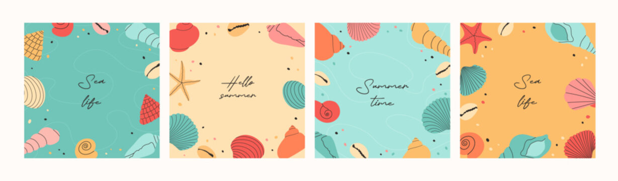 Set of summer modern backgrounds with hand draw colorful seashells, starfish and hand written text. Beautiful summer holidays posters. Vector templates for card, banner, invitation, social media post.