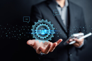 Poster - Ai Technology System. Businessman using chat bot intelligence Ai. Chat with AI Artificial Intelligence, developed by OpenAI generate. Futuristic technology, robot in online system.