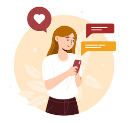 Poster - Woman using smartphone. Communication and interaction on Internet. Chat in messengers and social networks, smartphone addiction. Active gadget user. Cartoon flat vector illustration