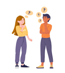 Wall Mural - Man and woman thinking. Young couple looking for answers to questions, discussing. Communication and interaction. Teamwork and brainstorming. Cartoon flat vector illustration