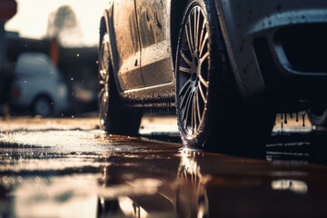 Poster - Splashes and underside of a car wheel with selective focus and blurred background. AI generated, human enhanced.