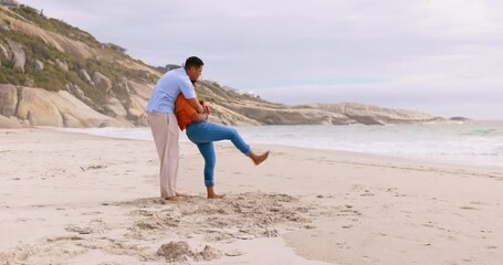 Poster - Beach, dance and couple with happiness on sand outdoor for date and holiday. Travel, ocean and dancing of a man and woman together with love on vacation by the sea with fun and happy by the waves