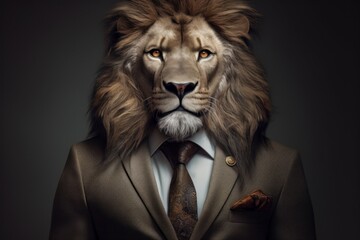 An anthropomorphic proud lion dressed in a business suit like a boss. AI generated, human enhanced