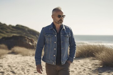 Poster - Handsome middle-aged man wearing jeans jacket and sunglasses standing on the beach