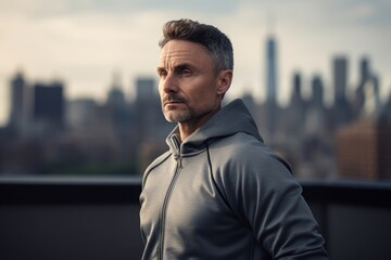 Wall Mural - Portrait of a middle-aged man in a gray sweatshirt against a city background