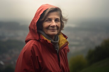 Wall Mural - Environmental portrait photography of a satisfied woman in her 60s wearing a vibrant raincoat against a bird's-eye view or aerial landscape background. Generative AI