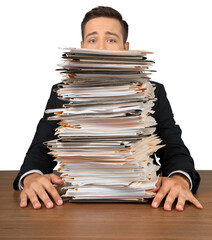 Wall Mural - Portrait of a Worried Employee Behind a Stack of Documents
