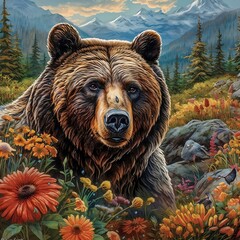 brown bear sitting in a flower field, landscape