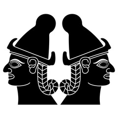 Symmetrical design with two ancient Syrian male heads. Mesopotamian design from Karkemish. Black and white silhouette.