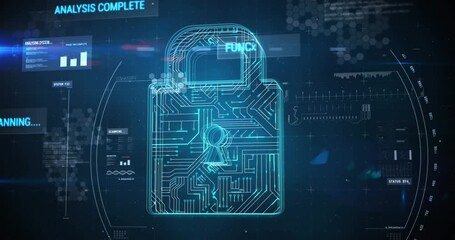 Poster - Animation of padlock, data processing and text over scope