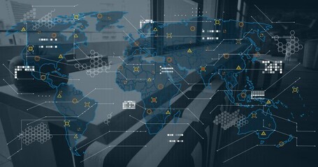 Poster - Animation of world map and data processing over office