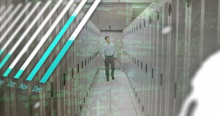 Poster - Animation of data processing with globe over caucasian male it engineer and computer servers